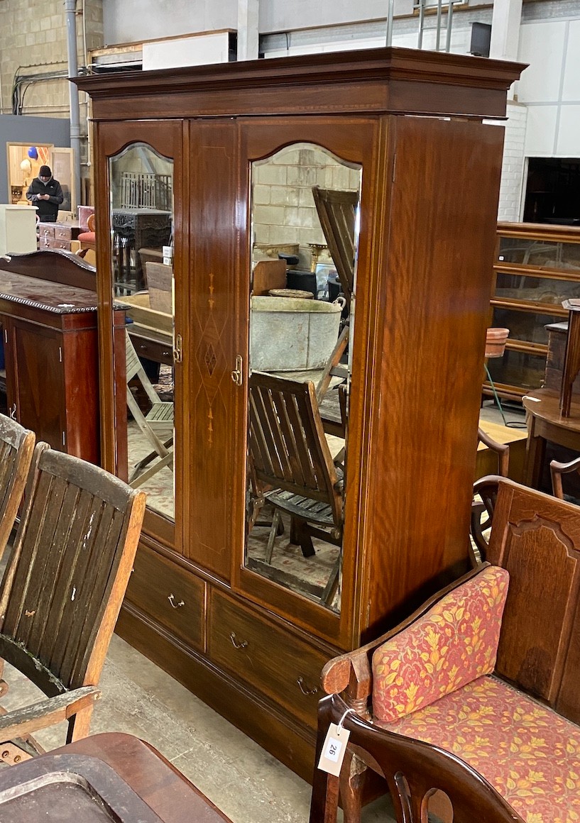 An Edwardian inlaid mahogany mirrored wardrobe, width 158cm, depth 52cm, height 208cm